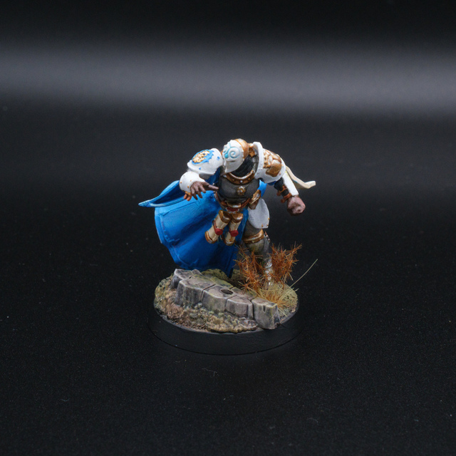 Photo of a painted Knight Incantor converted as a Blood Bowl player from the front. The player is diving toward camera while looking off to the side, one hand reaching out in front.