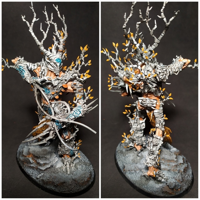 Diptych of photos of a treelord miniature, front and back, painted in a silver birch colour scheme, with creamy light brown 'interior' wood under the pale grey bark.