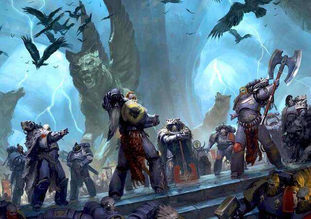 A concept art painting of Space Wolves leaders in a dramatic setting, seemingly debating with each other