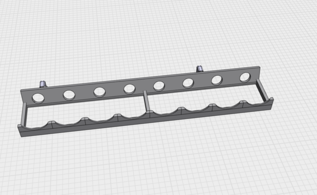 Another screenshot from a 3D model design software, this time showing a rack with small circular holes in the back board to allow for dropper bottle caps to slot in