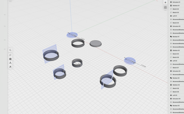 Screenshot of Shapr3D software, showing 3D models of a few rings in different sizes, each with inner chamfered sides to sit over a miniature base. Each version also has a copy with the ring split in two halves.