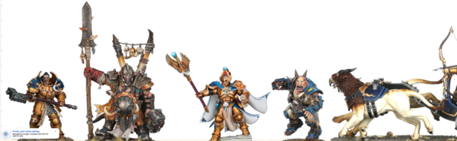 Screenshot from the minicompare website showing an Annihilator, Ogor Mawtribes Tyrant, Aventis on foot, a Blood Bowl Ogre and a gryph-charger from the Stormstrike Chariot alongside each other for size comparison. The tyrant is the largest while the two Stormcast and ogre are similar in size. The gryph is much longer but a similar height